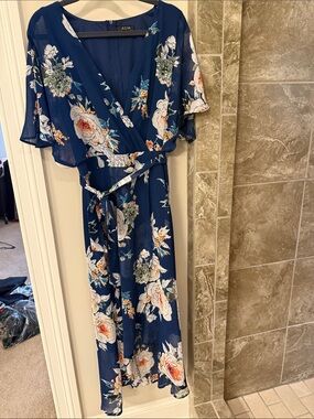 AUW Navy Blue Floral Wrap Midi Dress